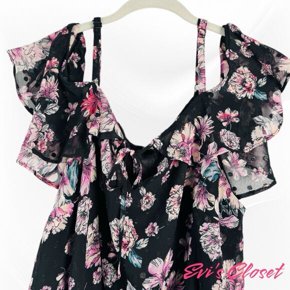 Torrid Black Pink Floral Chiffon Sz 18/20 Cold Shoulder Short Sleeve Top - Picture 6 of 9